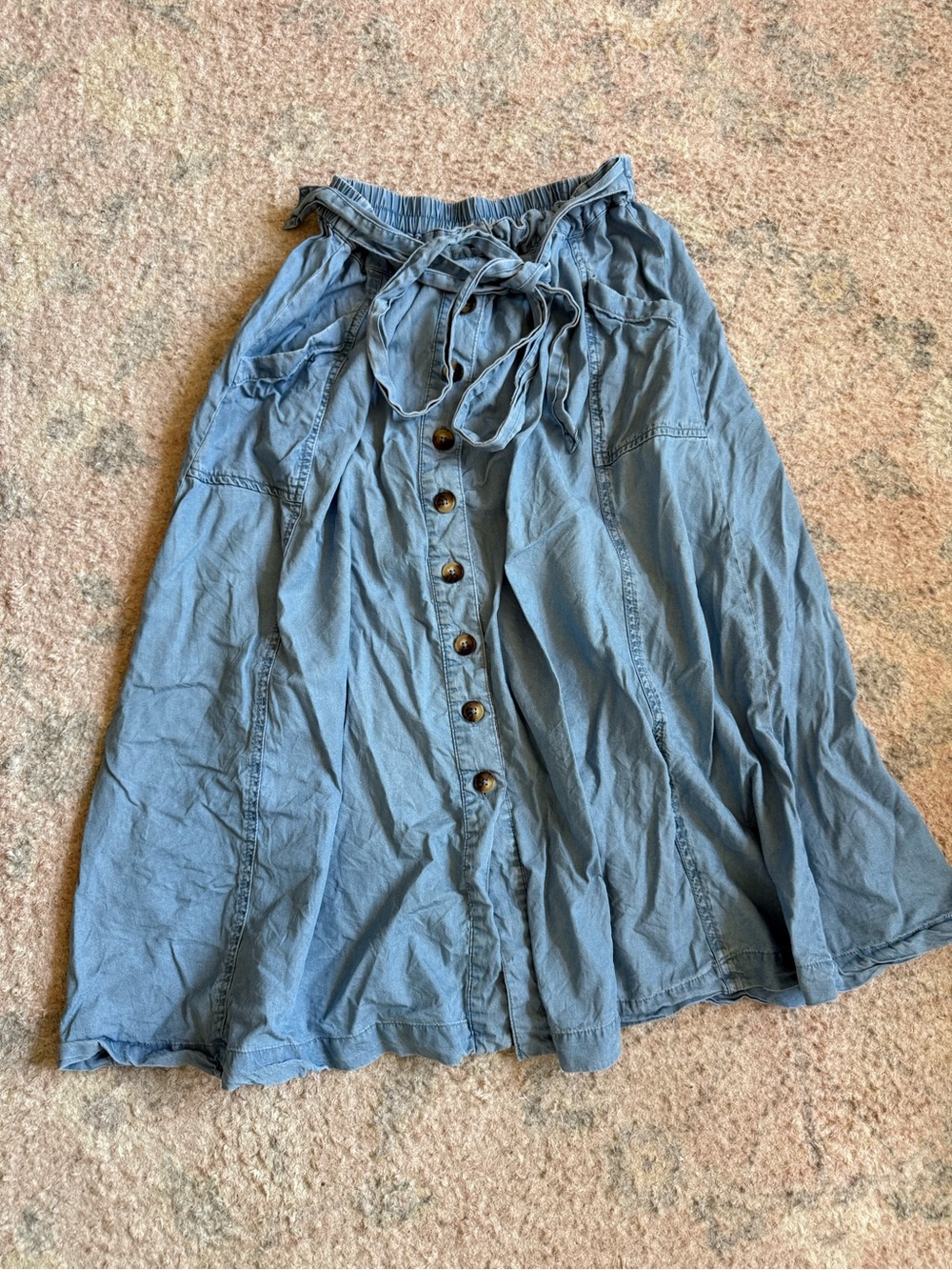 Vintage Blue Button-Front Midi Skirt with Tie Waist